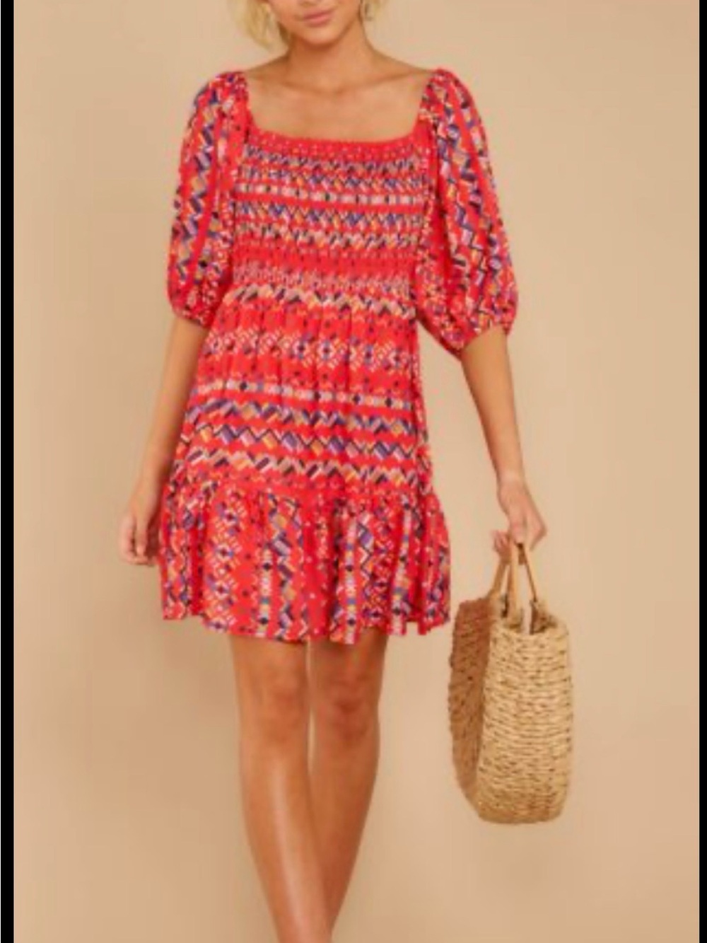 A. Calin by flying tomato Riviera Geometric Smocked Puff Sleeve Mini Dress